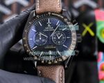 Replica Omega Speedmaster Men Leather Strap Black Face Black Bezel Watch 45mm